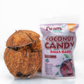 Coconut and a package of Funmi Coconut Candy Balls/Bars on a white background