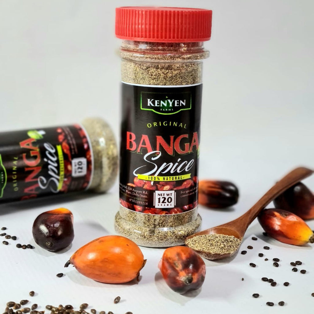 Banga Spice jar with a wooden spoon and spices on a white background